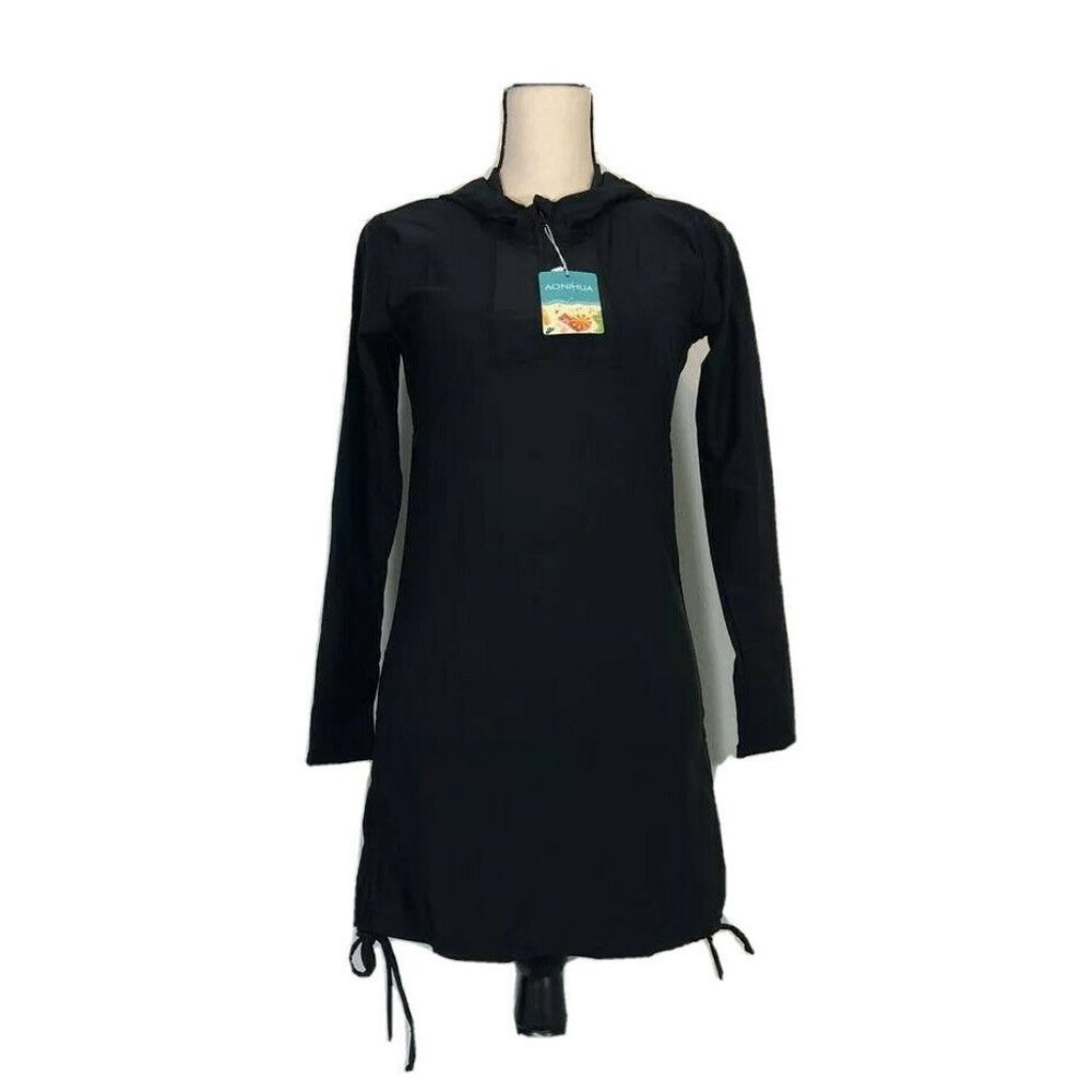 Aonihua Womens Swim Cover Up Black Hooded Stretch Long Sleeve Drawstring…